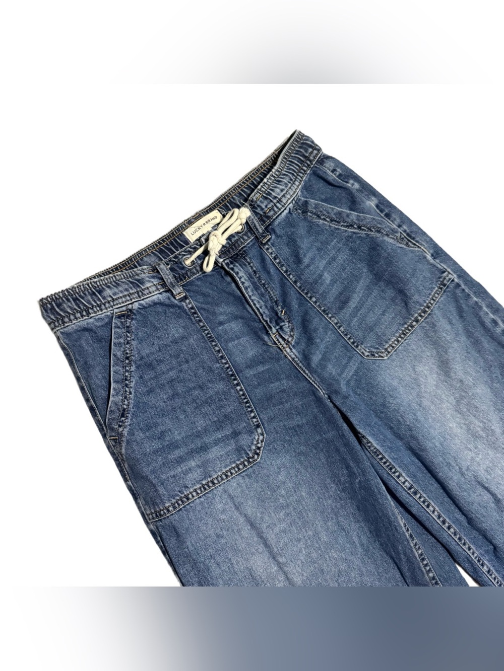 Lucky Brand Blue Patch Pocket Pull On Jean Wide Leg Drawstring Waist Medium Boho - Picture 4 of 6